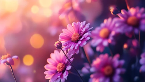 Gerbera Daisies with Warm Bokeh: Macro Floral Study in Pink Tones.