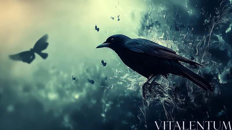 Midnight raven carves echoes through liquid twilight air