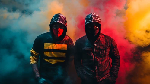 Hooded masked figures in colored smoke cloud environment.