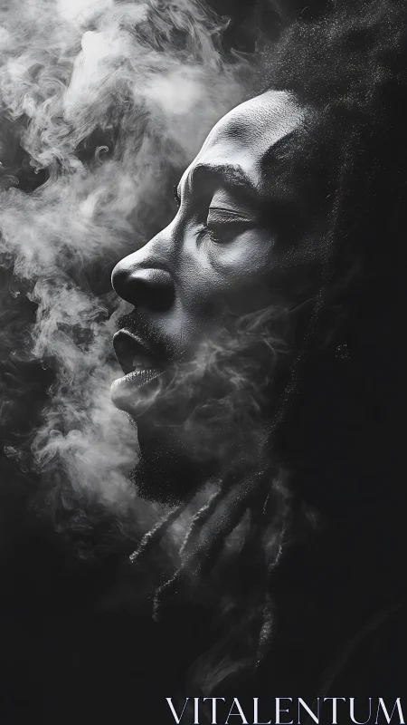 Side profile portrait of man exhaling smoke in darkness.