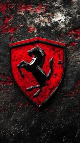 Weathered prancing horse crest on distressed red enamel shield
