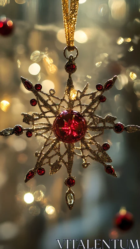 Golden snowflake ornament with ruby glass gemstone glow.