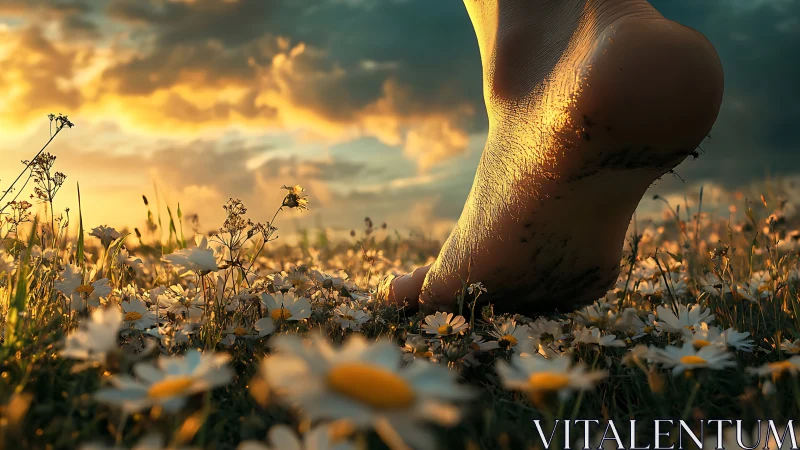 Macro-lit bare foot traversing daisy meadow at sunset.