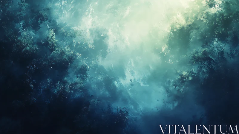 Luminous mist descends over shadowed forest canopy at dawn.