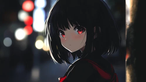Girl with crimson eyes under neon city night glow.