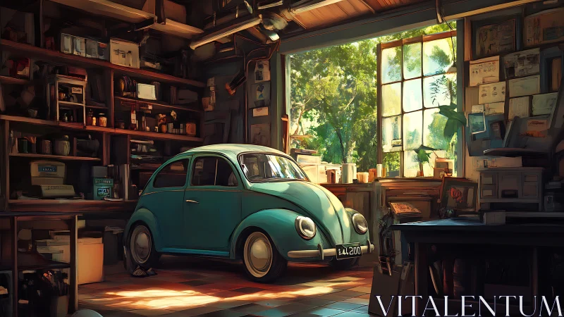 Turquoise classic Beetle in sunlit, tool-laden workshop interior.
