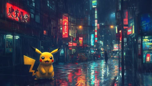 Pikachu in neon rain on reflective cyberpunk city street.