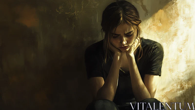 Young woman sitting in shadowed corner, pensive mood.