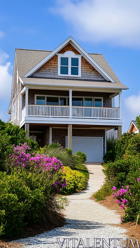 Shingle-clad beach house rising above a wildflower lane.