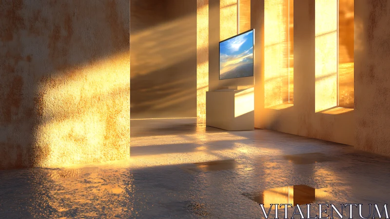 Sunlit minimalist room with monitor and reflective wet floor.