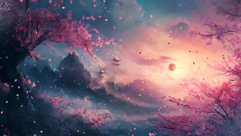 Petalstorm over Twin Suns: dreamlit sakura mountainscape.