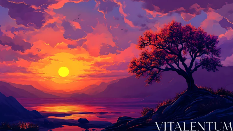 Radiant sunset sky welcomes a quiet tree by glowing water