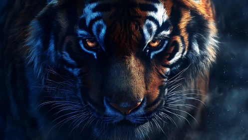 Tiger eyes blaze under cold blue shadows, poised hunter.