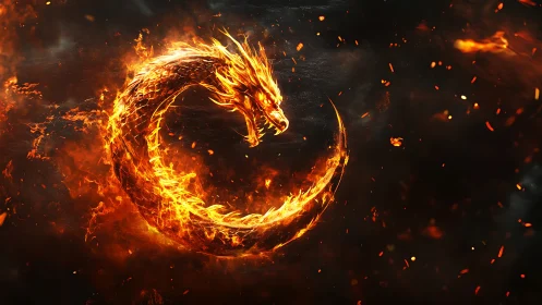 Flaming ouroboros dragon coils in blazing circular inferno.