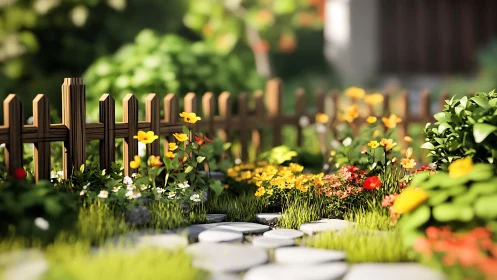 Sunny garden path beside a cozy wooden picket fence.