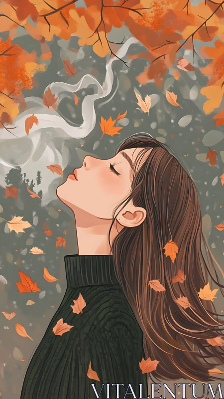 Young woman exhales visible breath under falling autumn leaves