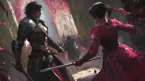 Armored knight faces red-clad duelist amid falling petals