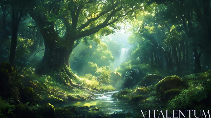 Verdant Cathedral: Sunlit Stream Through Ancient Woodland.