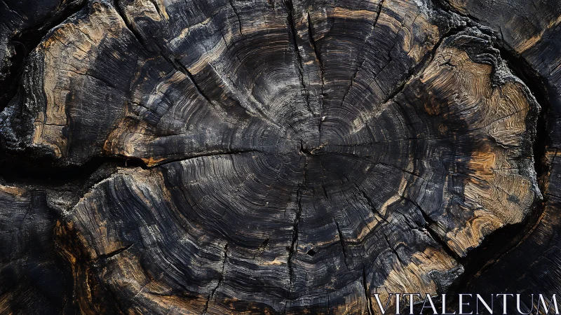 Weathered tree stump cross-section shows charred concentric rings