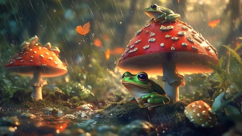 Bioluminescent tree frogs sheltering beneath rain glazed fly agarics.