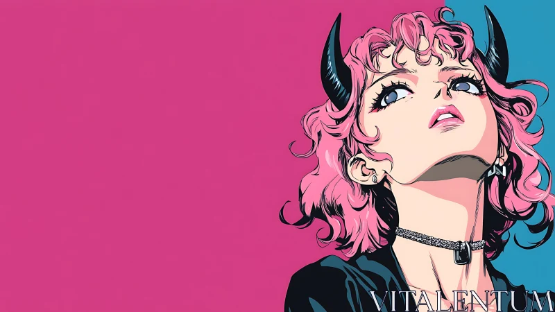 Pink‑haired demon girl gazes upward on bold split background.