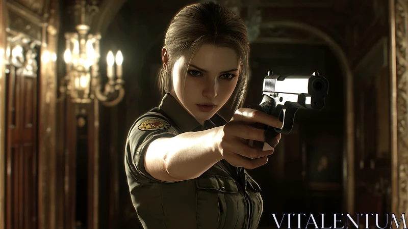 Armed female officer aiming handgun in ornate corridor.