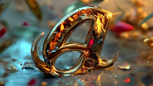 Golden molten letter A rests on reflective surface in bokeh glow