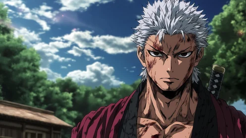 Scarred silver-haired swordsman under bright summer sky.