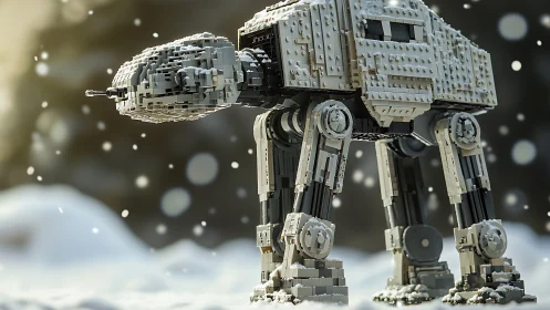 Snowy brick-built walker strides through a gentle winter storm