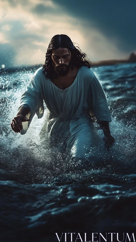 Dramatic messianic figure advancing through storm-lit surf