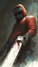 Masked figure in red hoodie wielding a chilling chainsaw.
