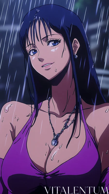 Anime rain portrait with cinematic lighting and wet highlights.