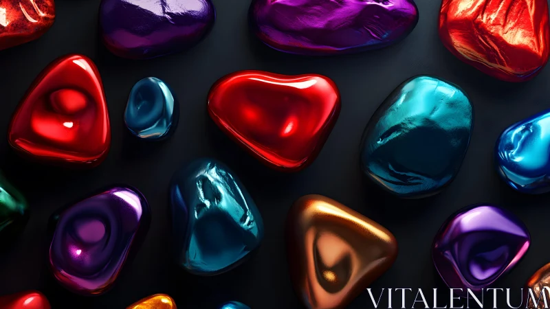 Chromed abstract pebbles on black minimal backdrop.