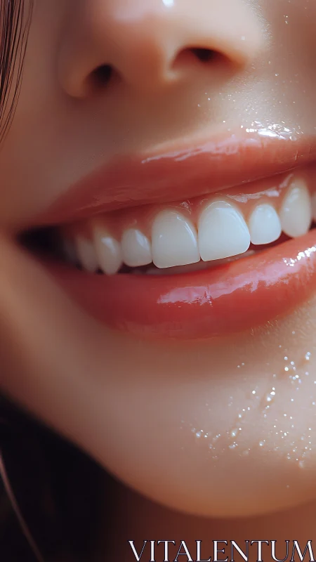 Close-up of glossy lips and white teeth in soft light.
