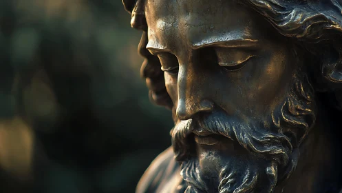 Bronze devotional bust in raking light with soft bokeh field.