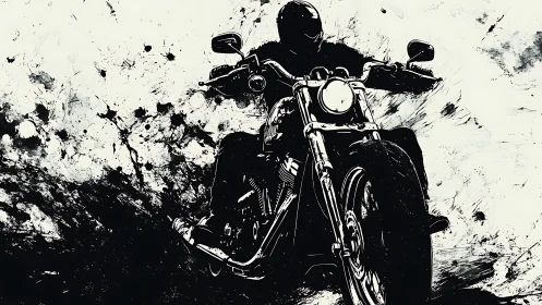 Ink-splattered thunder rolls forward on a shadowed motorcycle