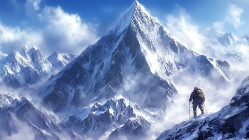 Mountaineer stands below steep snowy peak in cold sunlight