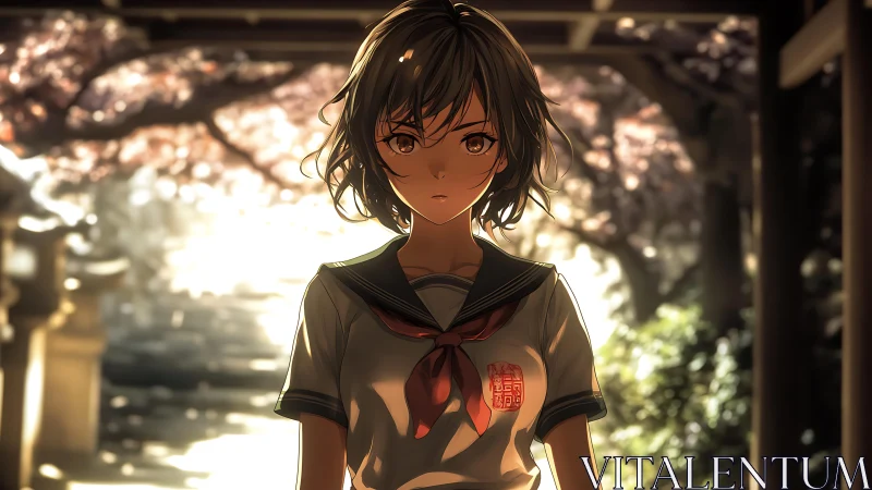 Schoolgirl stands in glowing shrine path under soft sakura light.