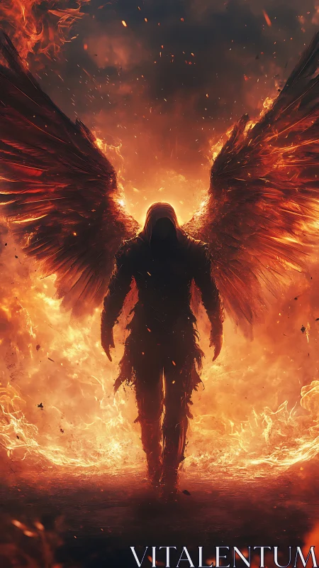 Winged shadow strides through a cathedral of living fire