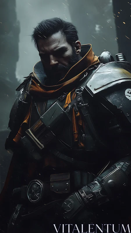 Armored wasteland sentinel rendered in moody digital chiaroscuro