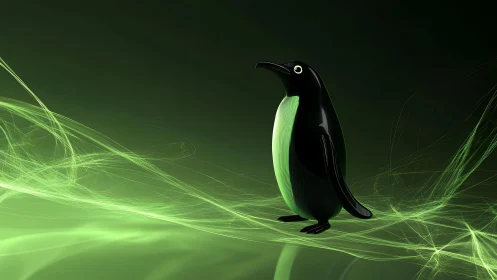 Futuristic Penguin Illustration with Green Neon Light Effects.