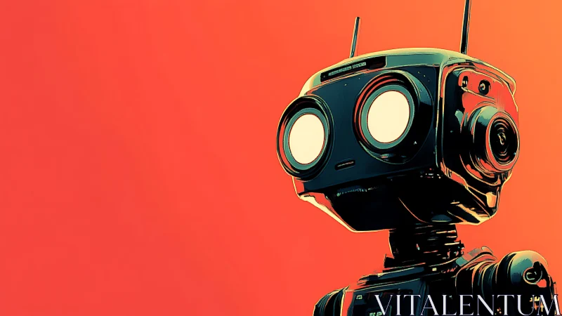 Retro-styled cartoon robot gazes ahead on vivid orange field.