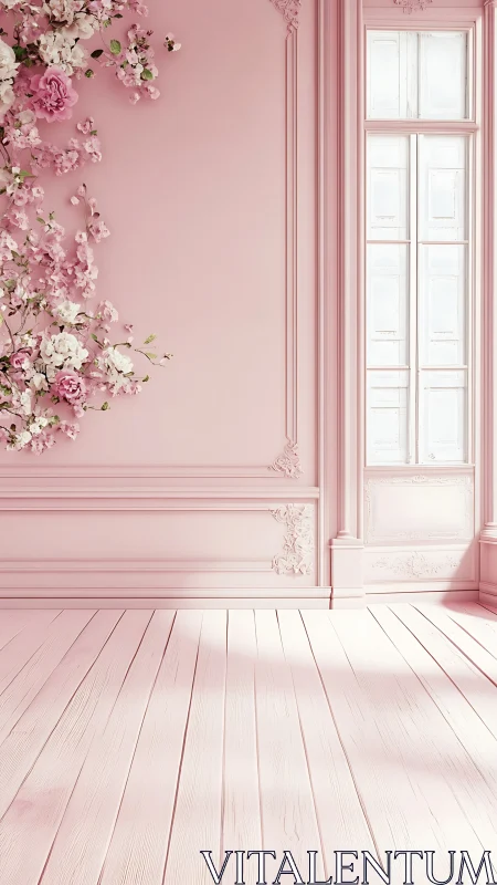 Soft pink floral room glows with romantic natural light