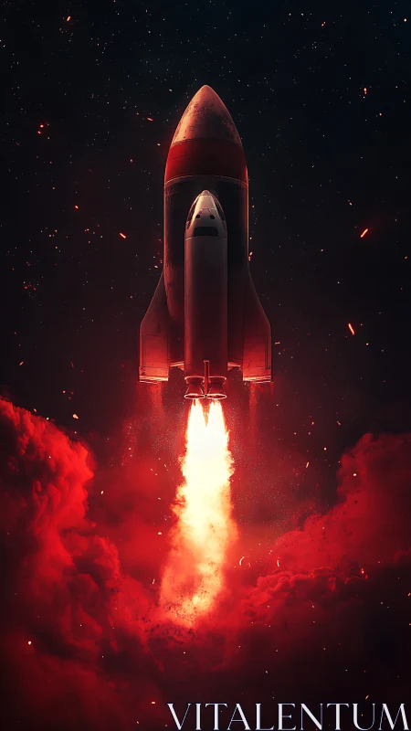 Vertical rocket ascent through crimson nebula clouds.