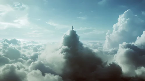 Solitary figure stands above towering sunlit clouds.