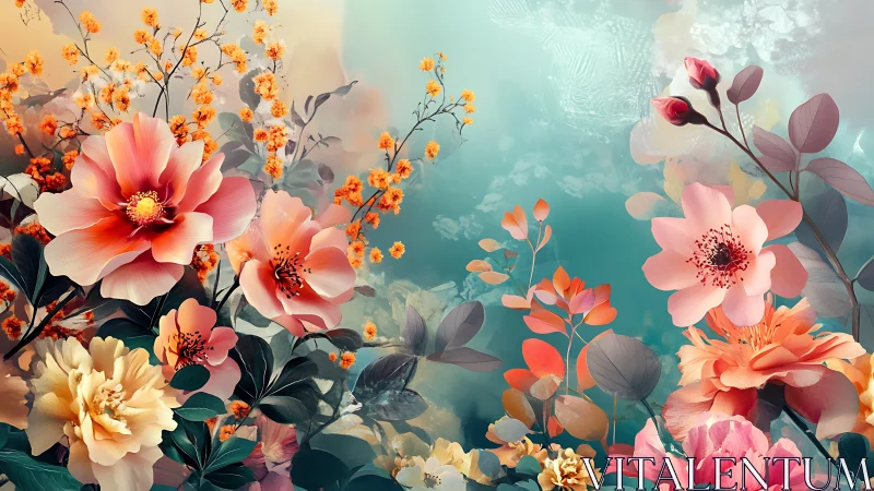 Digital floral composition with layered botanical elements and atmospheric gradients.