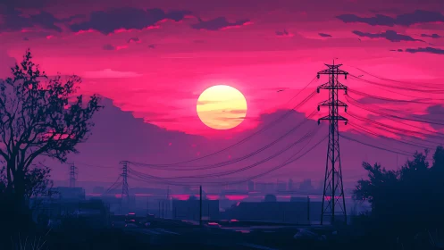 Sunset over power lines and distant urban structures.
