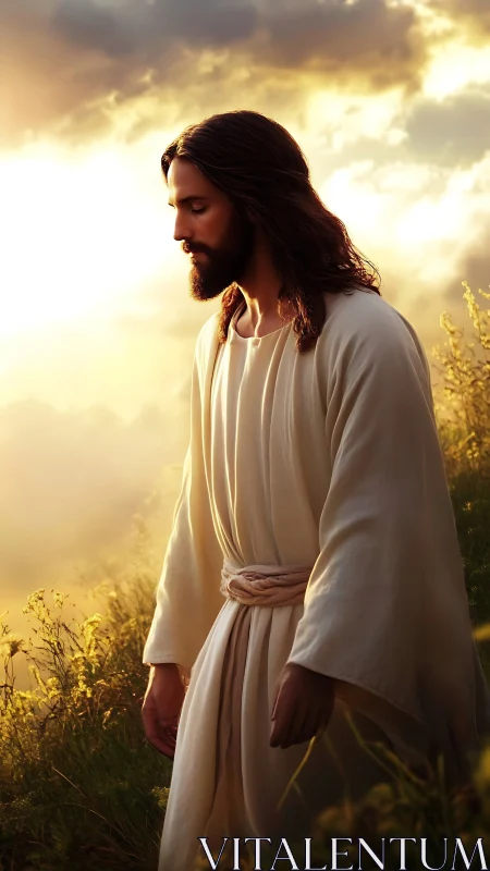 Serene robed figure walks through golden sunrise fields in prayer