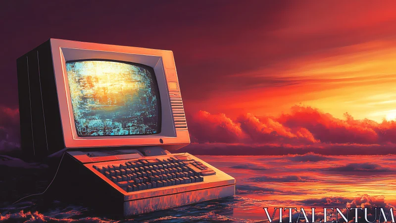 Retro terminal glows against hyper-saturated sunset seascape