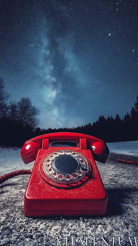 Red rotary telephone on snowy ground under starry sky.